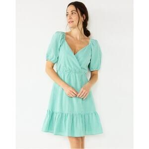 Draper James Gingham Puff Sleeve Dress Green White Checker cotton Pockets NEW XS